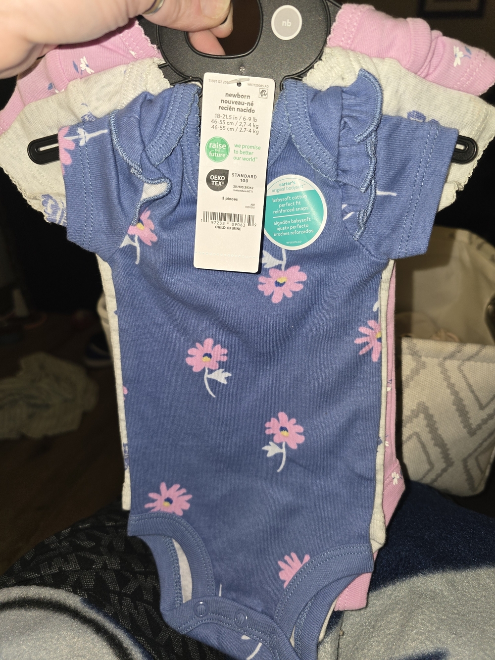 Carter's Blue Floral Ruffle Shoulder Baby One-Piece
